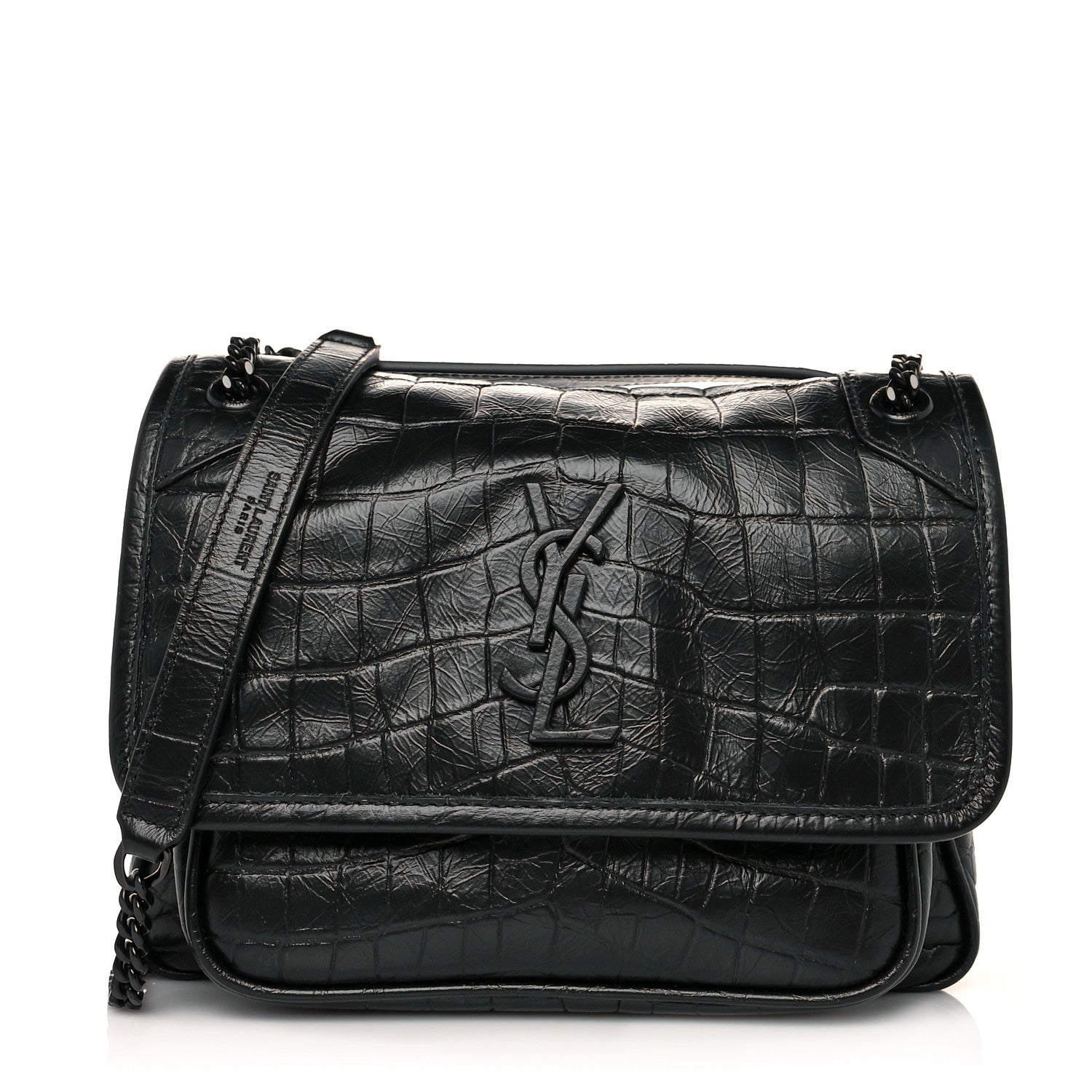 Saint Laurent Calfskin Crocodile Embossed Matelasse Monogram Baby Niki Chain Satchel Black 1 of 10