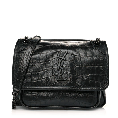 Saint Laurent Calfskin Crocodile Embossed Matelasse Monogram Baby Niki Chain Satchel Black 1 of 10