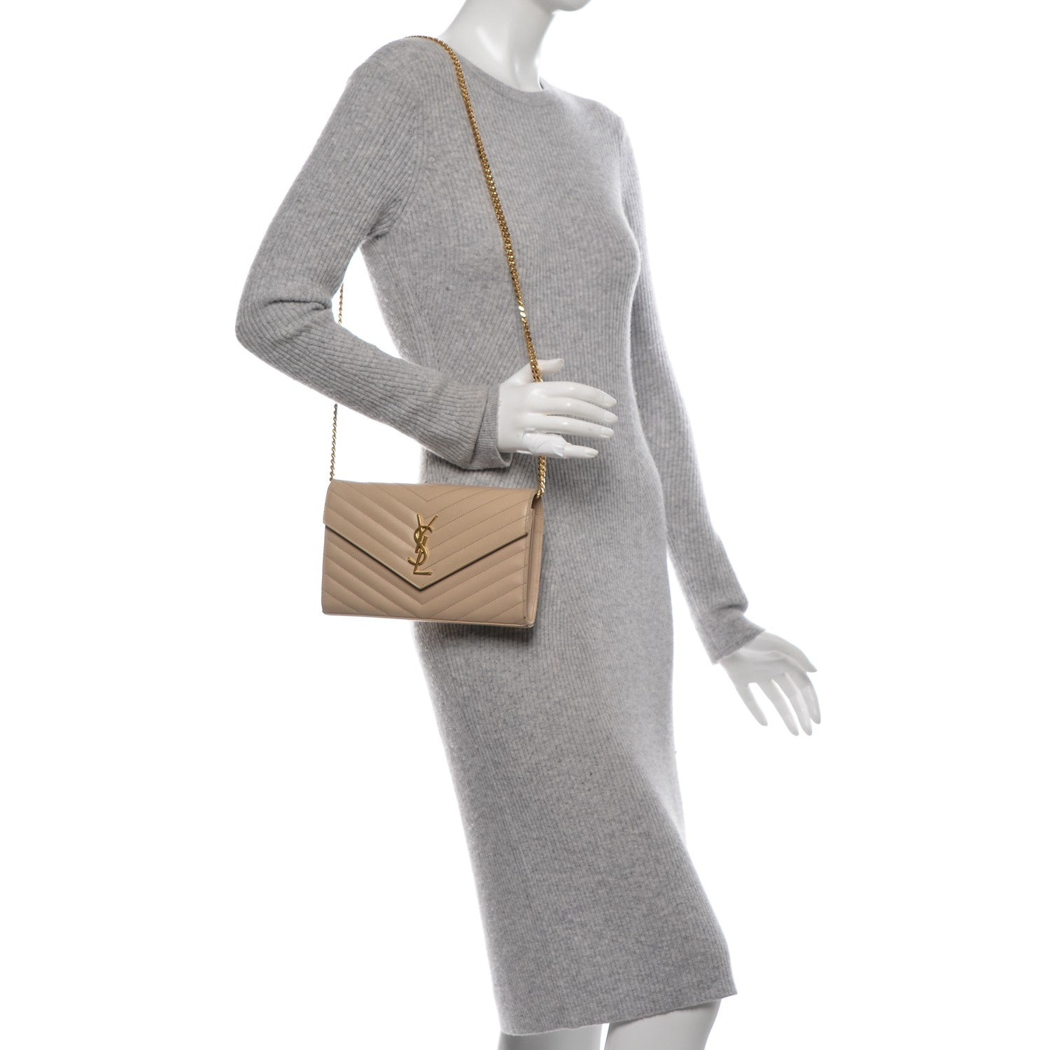 Saint Laurent Grain De Poudre Matelasse Chevron Monogram Chain Wallet Nude Powder 2 of 6