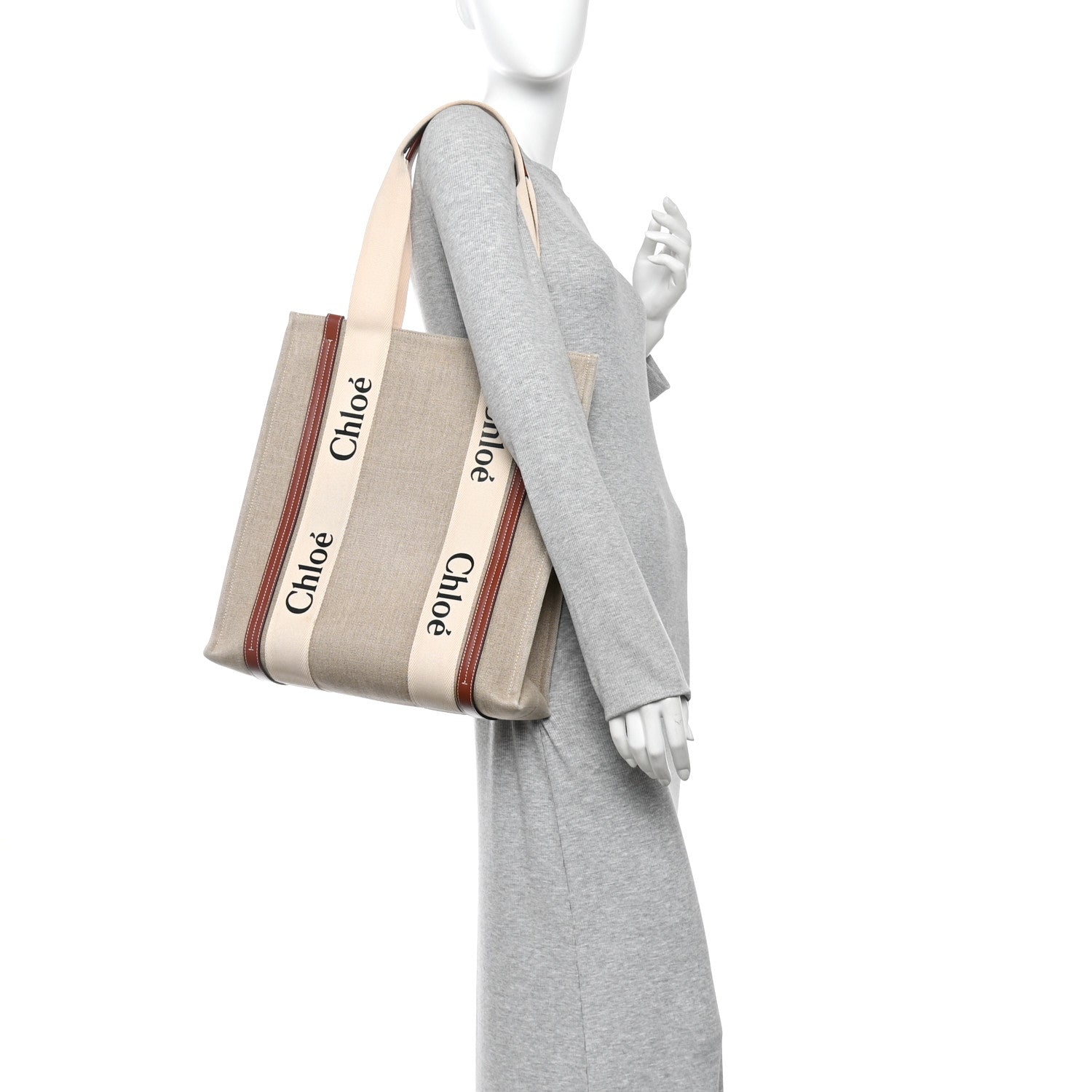 Chloe Cotton Calfskin Large Vertical Woody Ribbon Tote White Brown 2 of 10