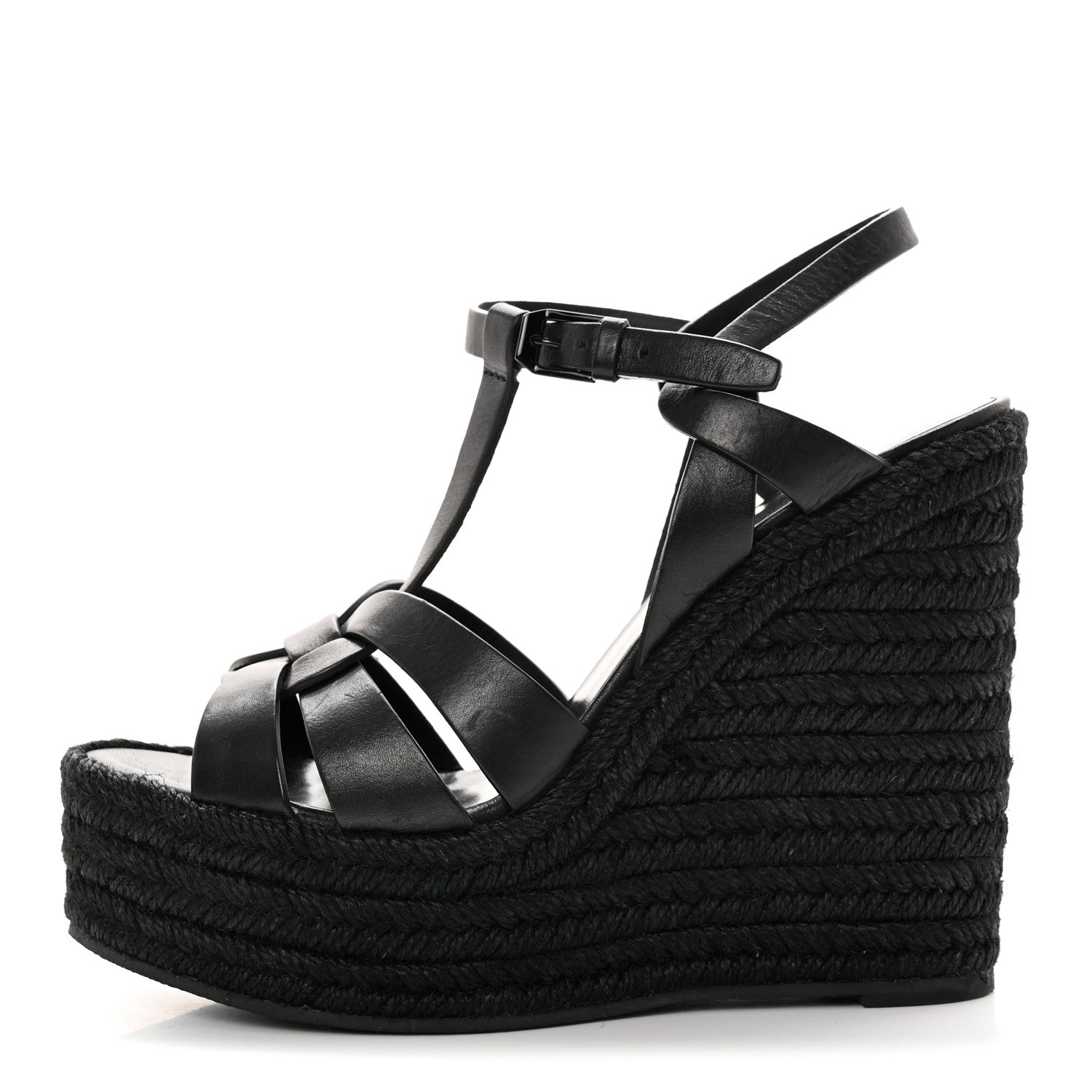 Saint Laurent Calfskin Tribute 95 Platform Espadrille Wedge Sandals 37 Black 1 of 13