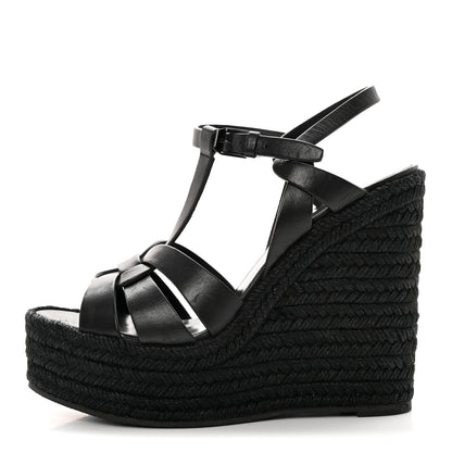 Saint Laurent Calfskin Tribute 95 Platform Espadrille Wedge Sandals 37 Black 1 of 13
