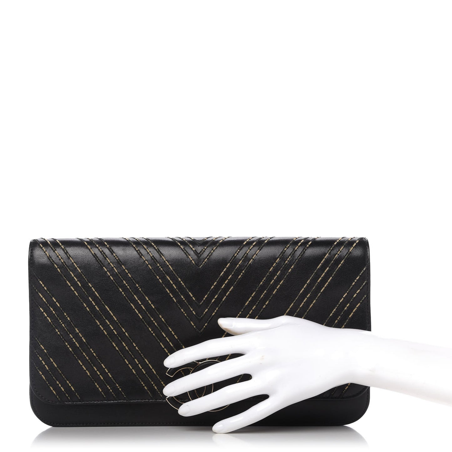 Lambskin Chain Chevron CC Clutch Black