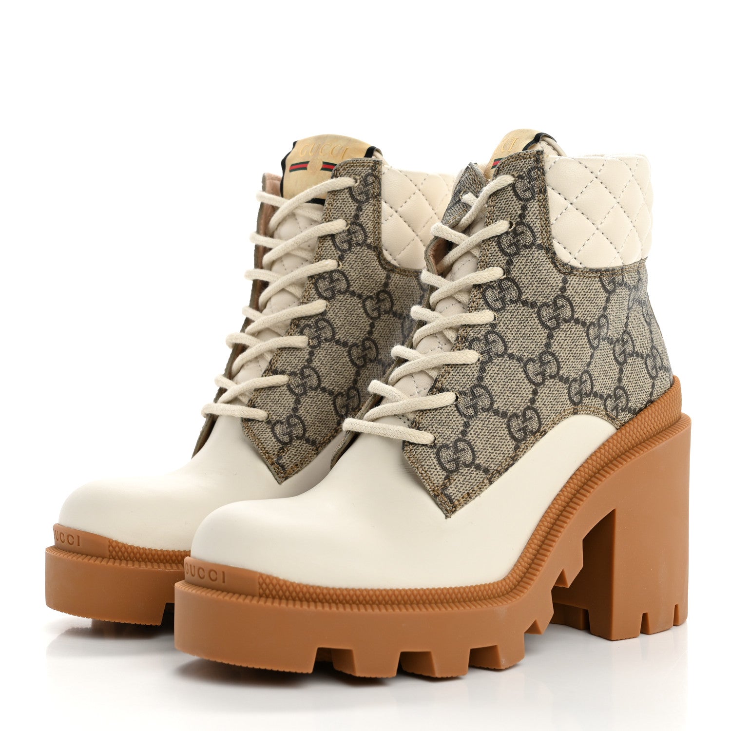 Gucci Calfskin GG Supreme Monogram Nappa Quilted Lace Up Ankle Boots 35 Mystic White Beige 4 of 10