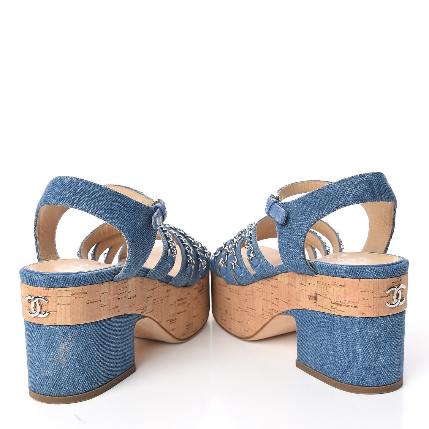 Denim Cork Chain Wedge Sandals 37 Blue