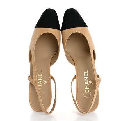 Chanel Goatskin Grosgrain Cap Toe CC Slingback Pumps 39 Beige Black 2 of 9