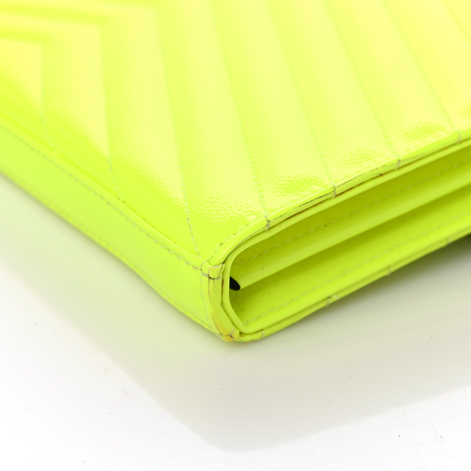 Saint Laurent Patent Grain De Poudre Matelasse Chevron Monogram Chain Wallet Neon Yellow 10 of 15