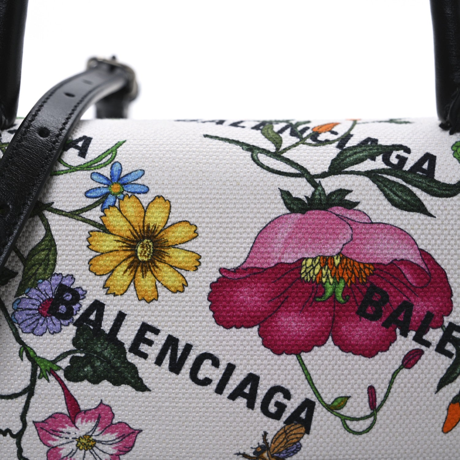 Balenciaga X GUCCI Canvas Boarded Plutone Calfskin Flora Logo Print Small Hourglass Top Handle Bag White Multicolor Black 8 of 10
