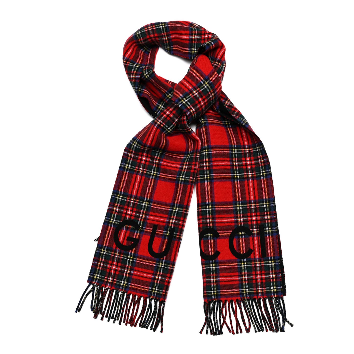 Cashmere Wool Logo Reversible Tartan Fringe Scarf Red Black