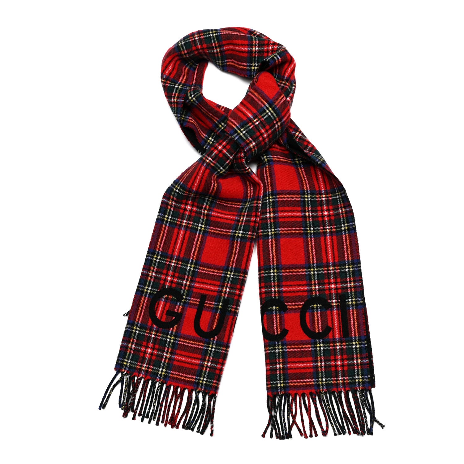 Gucci Cashmere Wool Logo Reversible Tartan Fringe Scarf Red Black 1 of 5
