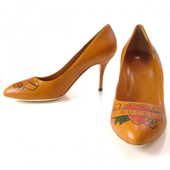 Leather Heart Tattoo Pumps 39.5 Tan