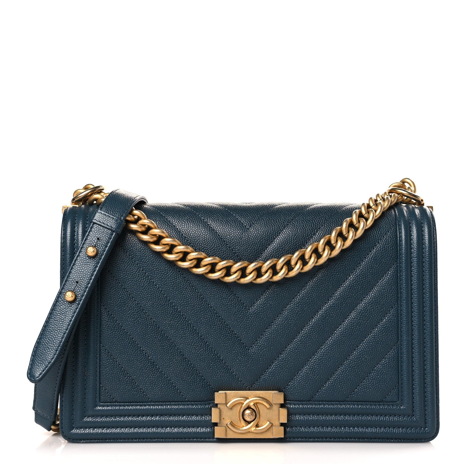 Chanel Caviar Chevron Quilted New Medium Boy Flap Blue 1 of 9