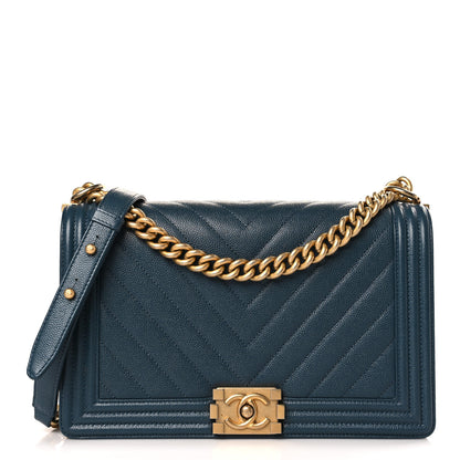 Chanel Caviar Chevron Quilted New Medium Boy Flap Blue 1 of 9