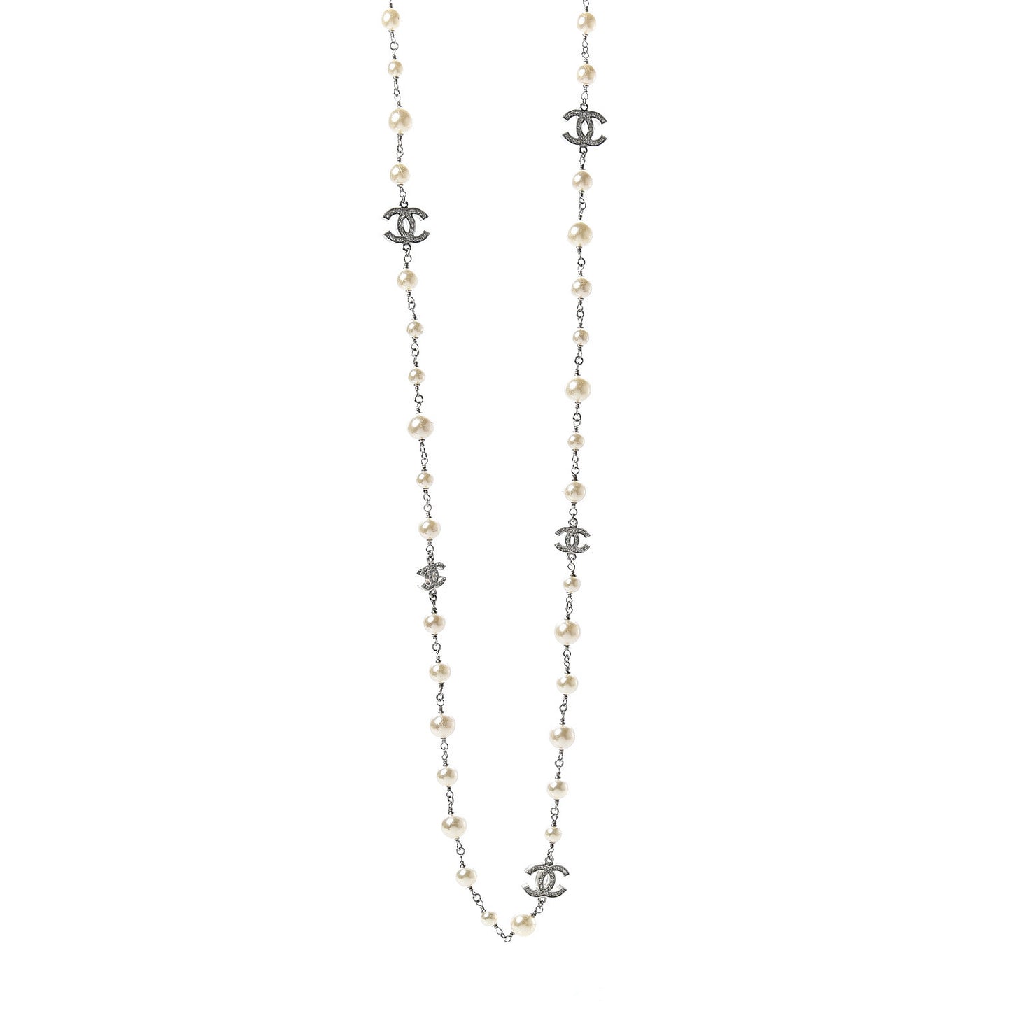 Crystal Pearl CC Long Necklace Gold