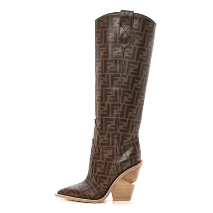 Fendi Glazed Fabric FF 1974 Cutwalk Tall Boots 37 Mogano Panna 1 of 7