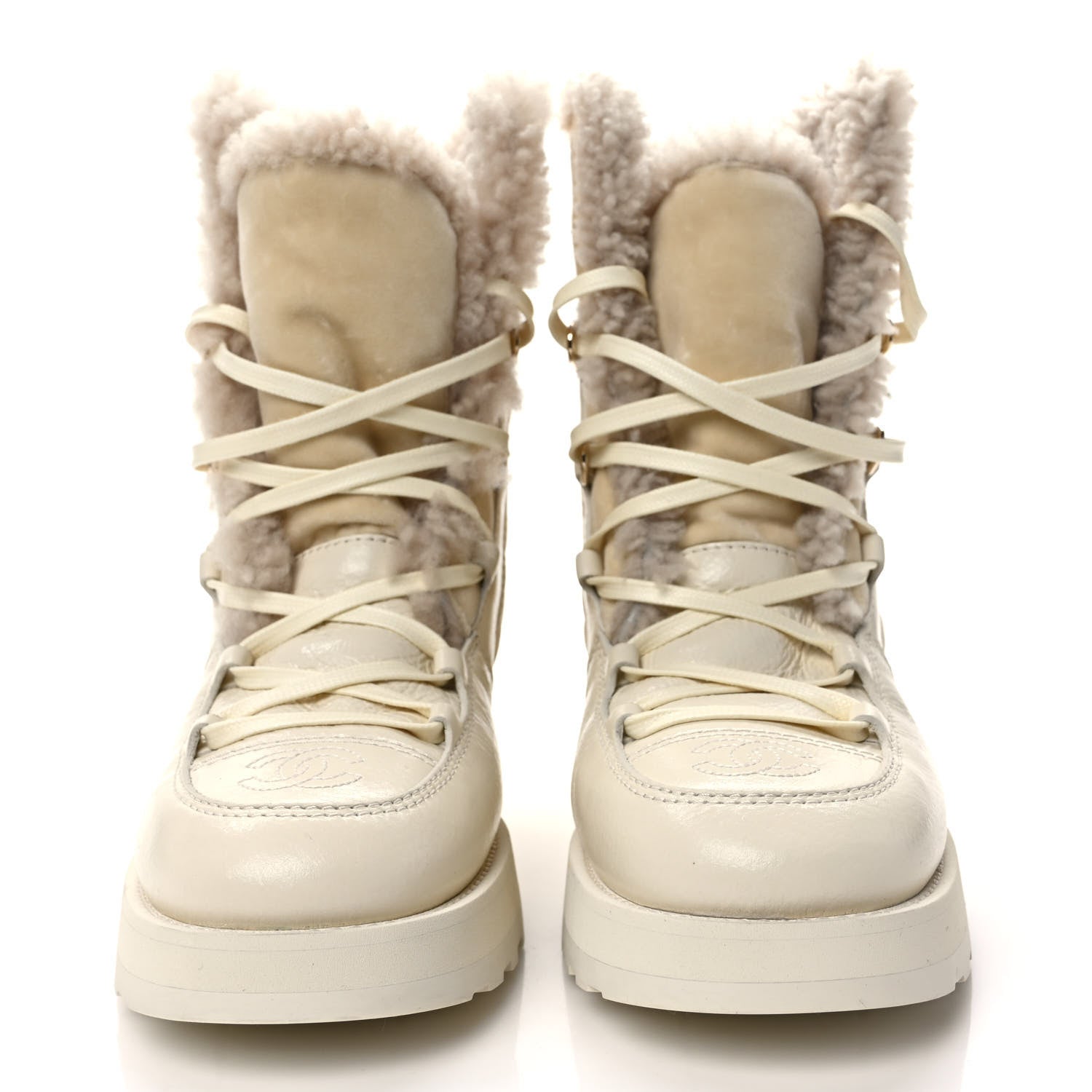 Chanel Shiny Crumpled Calfskin Velvet Shearling Lace Up Boots 38.5 Ivory 2 of 7