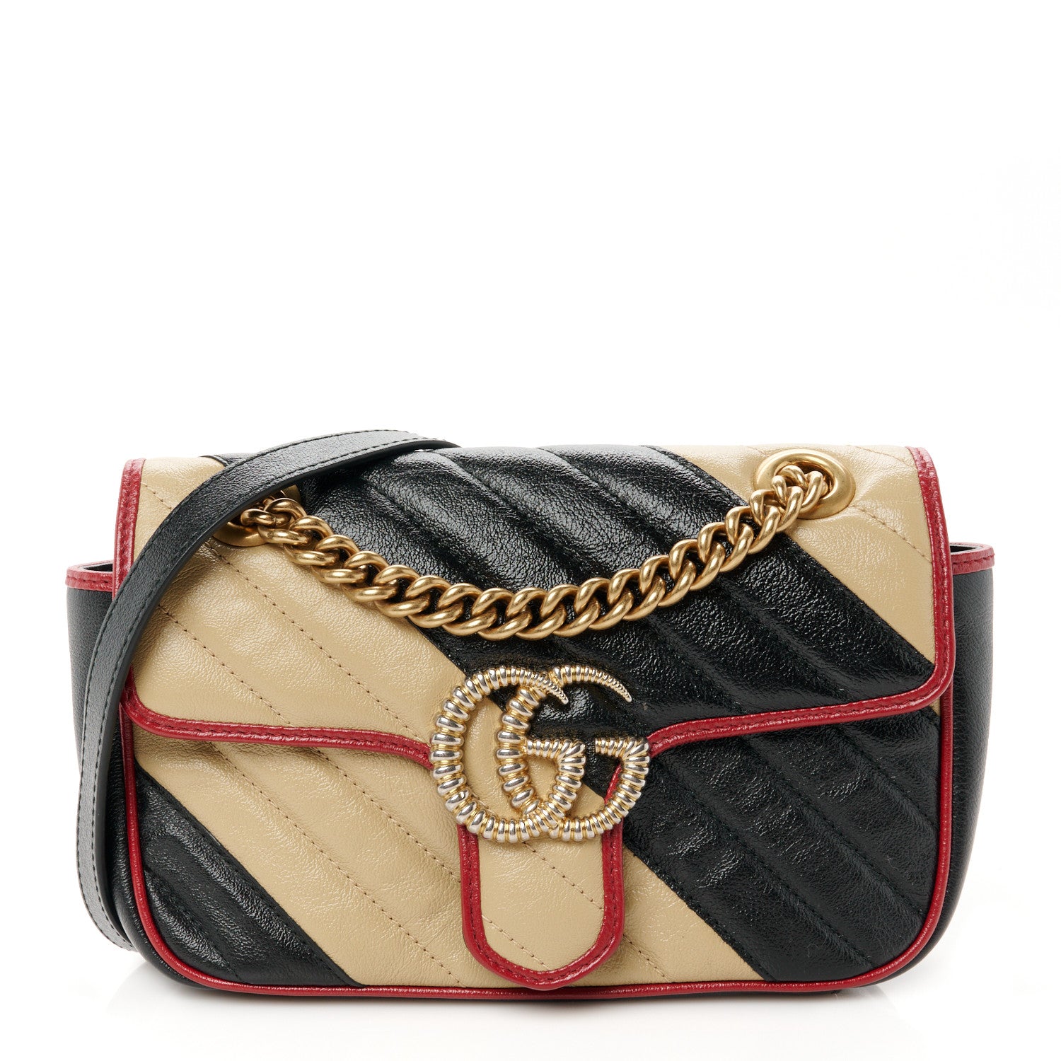 Gucci Vintage Effect Calfskin Matelasse Diagonal Striped Mini Torchon GG Marmont Shoulder Bag Black Beige 1 of 11