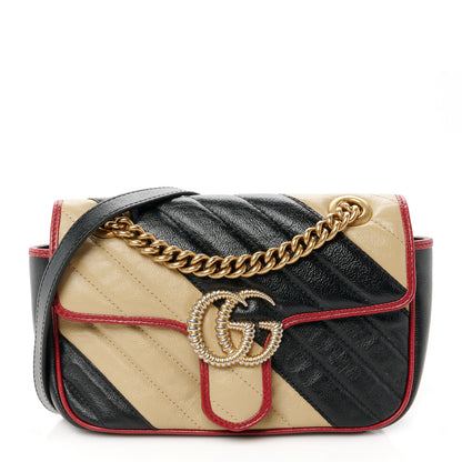 Gucci Vintage Effect Calfskin Matelasse Diagonal Striped Mini Torchon GG Marmont Shoulder Bag Black Beige 1 of 11