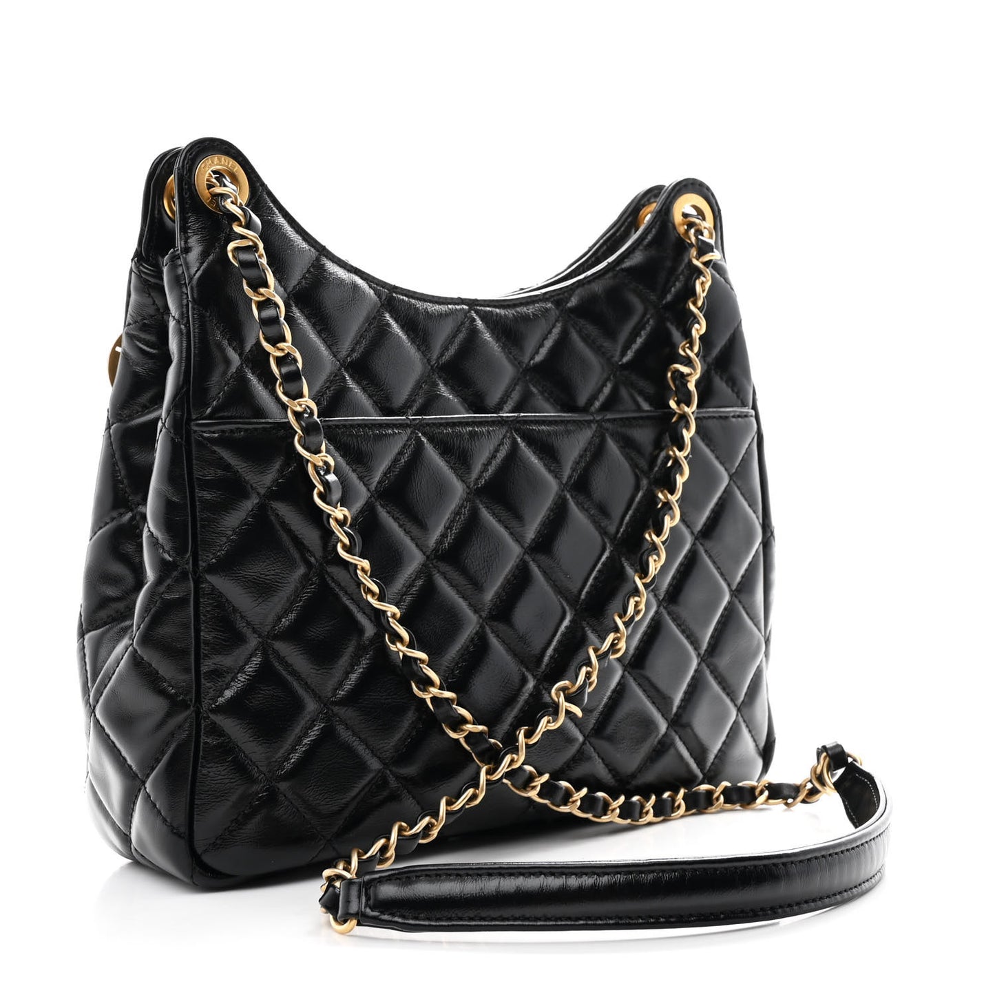 Shiny Crumpled Calfskin Quilted Wavy CC Hobo Black
