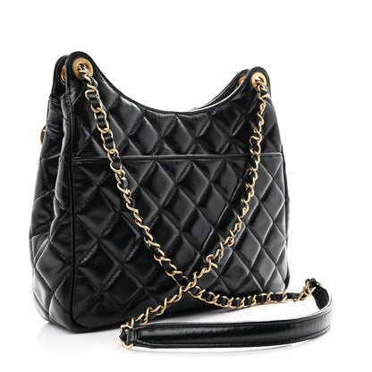 Chanel Shiny Crumpled Calfskin Quilted Wavy CC Hobo Black 2 of 10