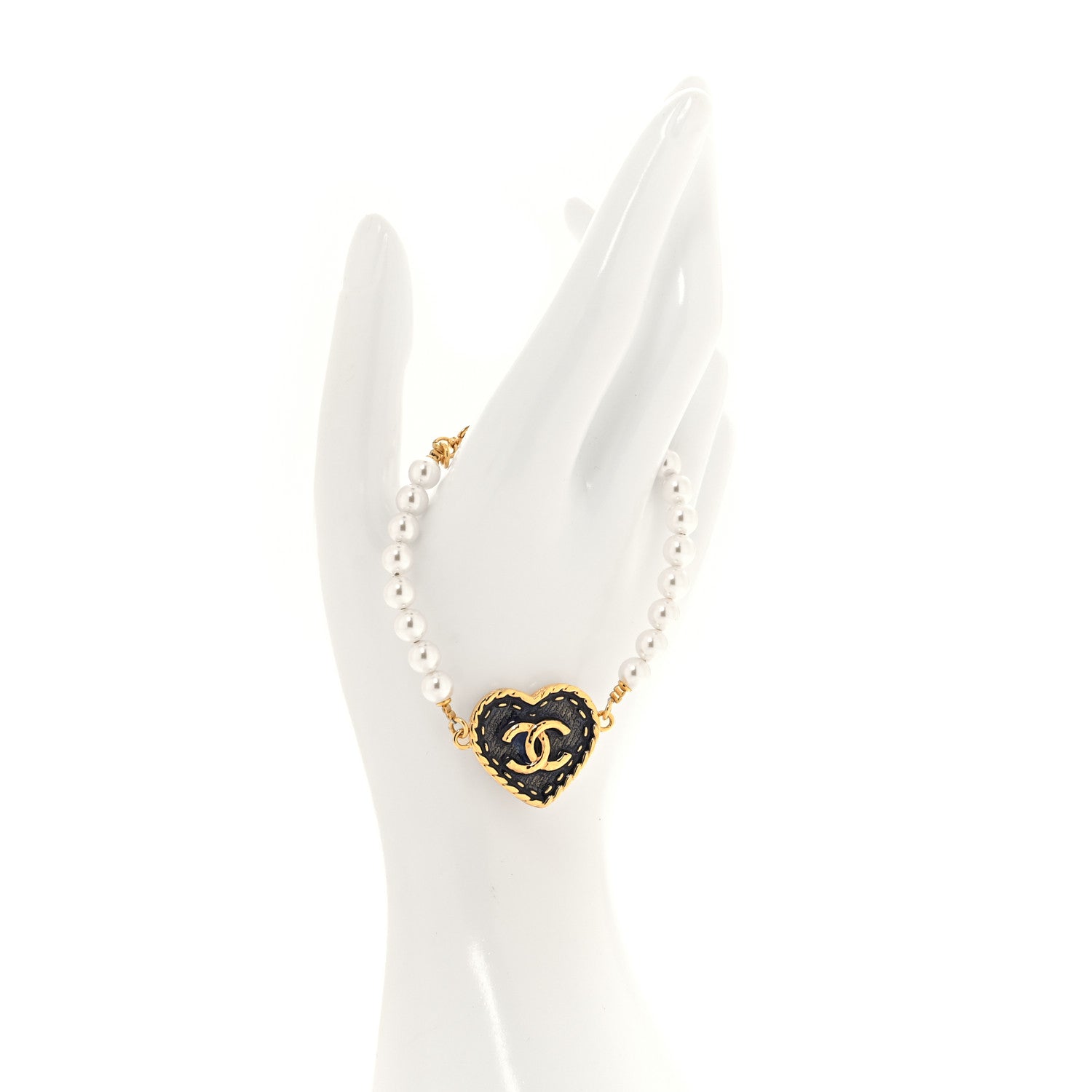 Chanel Metal Denim CC Heart Bracelet Gold Blue Pearly White 2 of 4