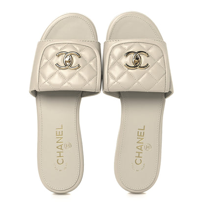 Chanel Lambskin Quilted Turnlock Flat Mules 39 Light Grey 2 of 11