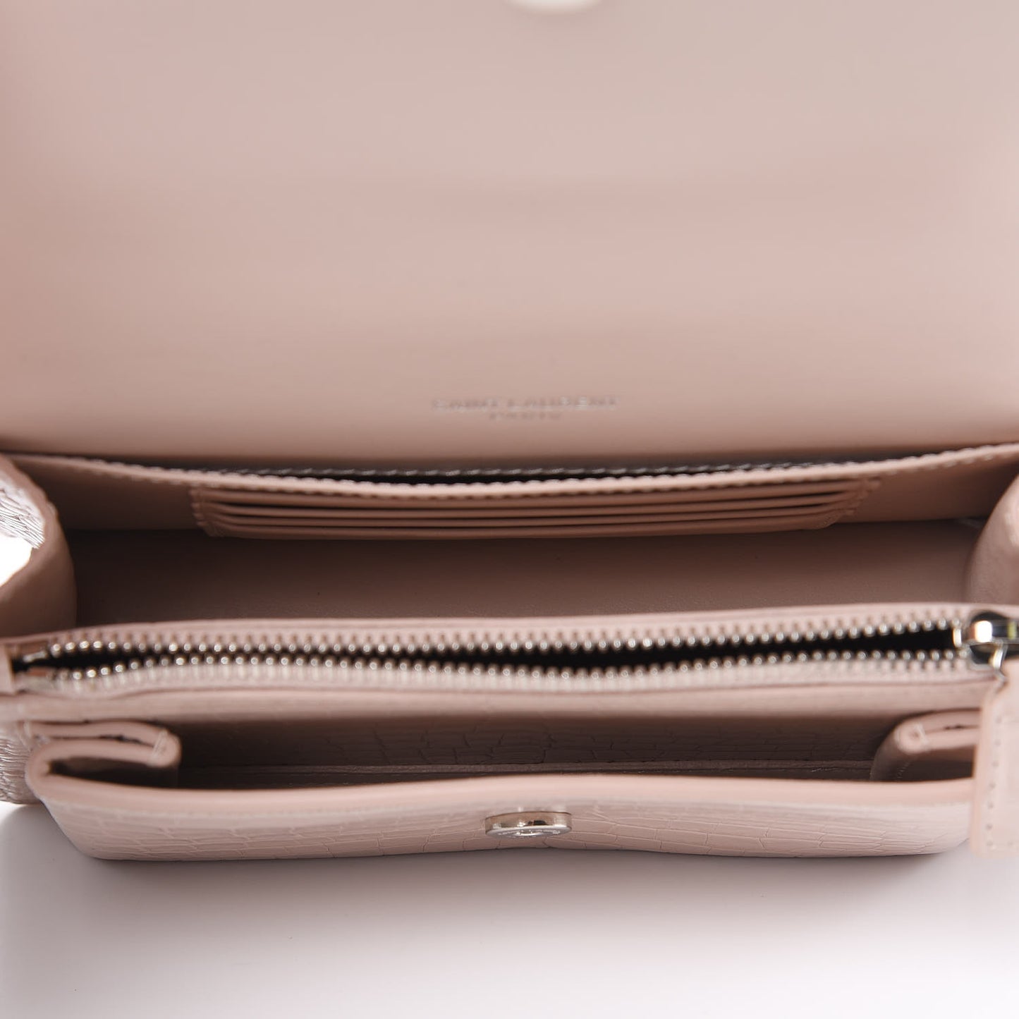 Calfskin Crocodile Embossed Monogram Sunset Chain Wallet Rose Antic