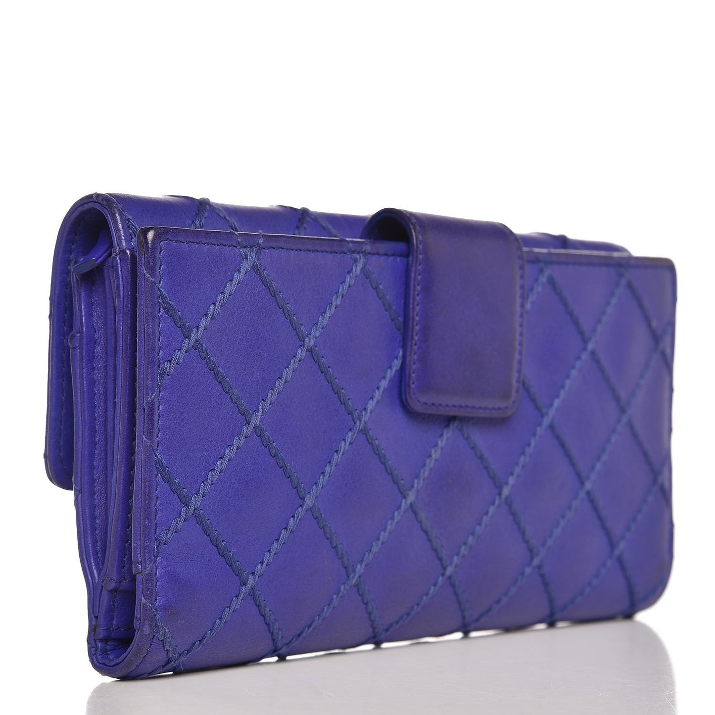 Calfskin Stitched Fancy CC Long Double Wallet Blue