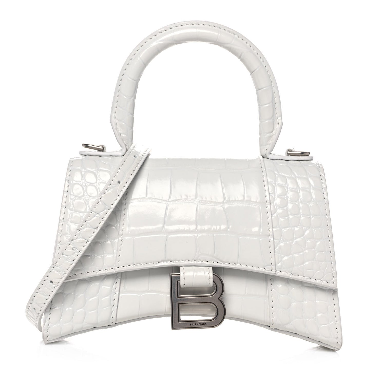 Shiny Calfskin Crocodile Embossed Hourglass Top Handle Bag XS White