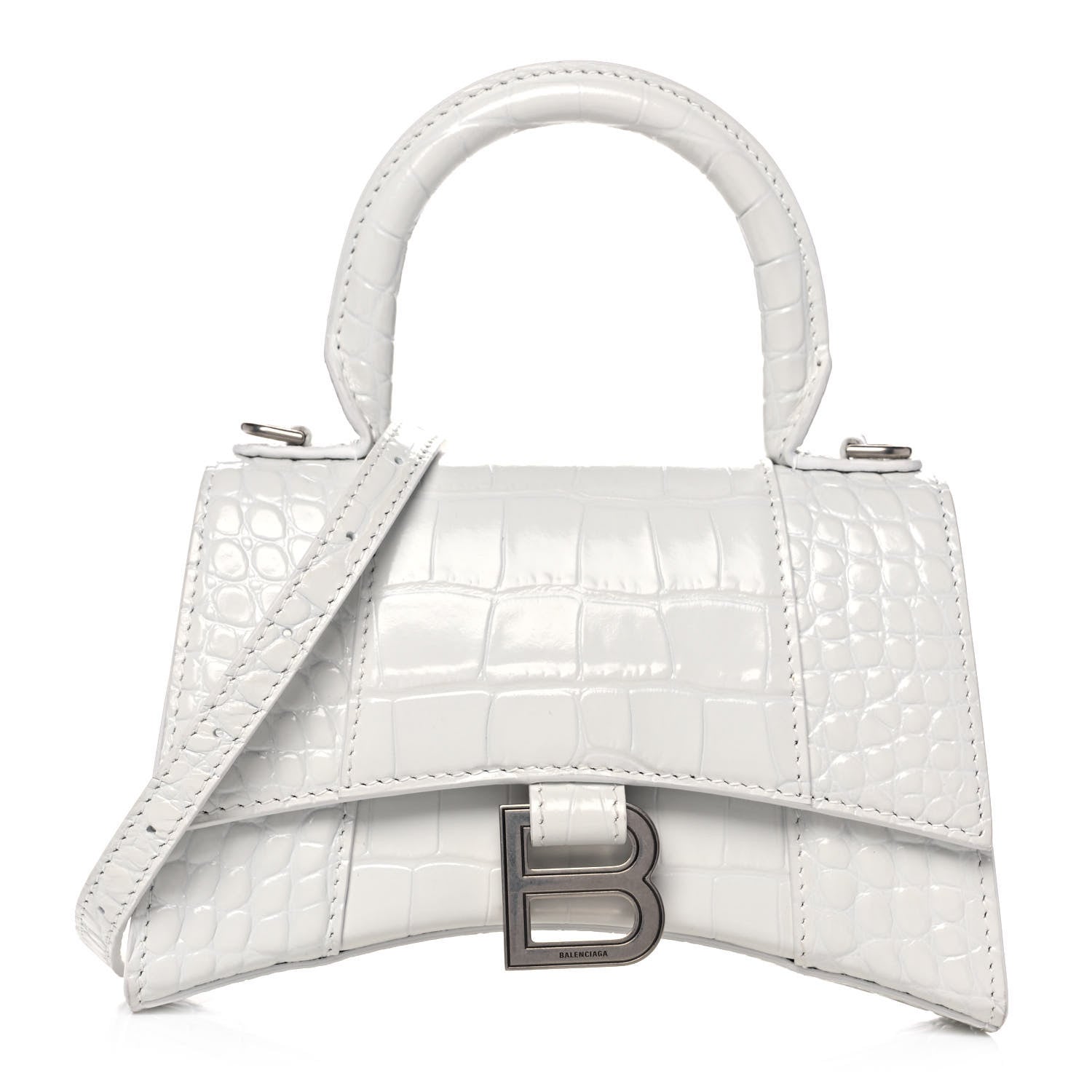Balenciaga Shiny Calfskin Crocodile Embossed Hourglass Top Handle Bag XS White 1 of 13