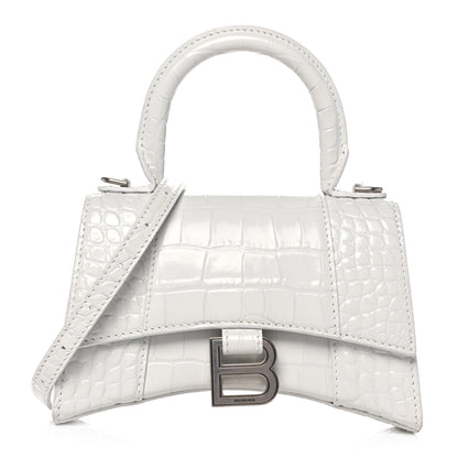 Balenciaga Shiny Calfskin Crocodile Embossed Hourglass Top Handle Bag XS White 1 of 13