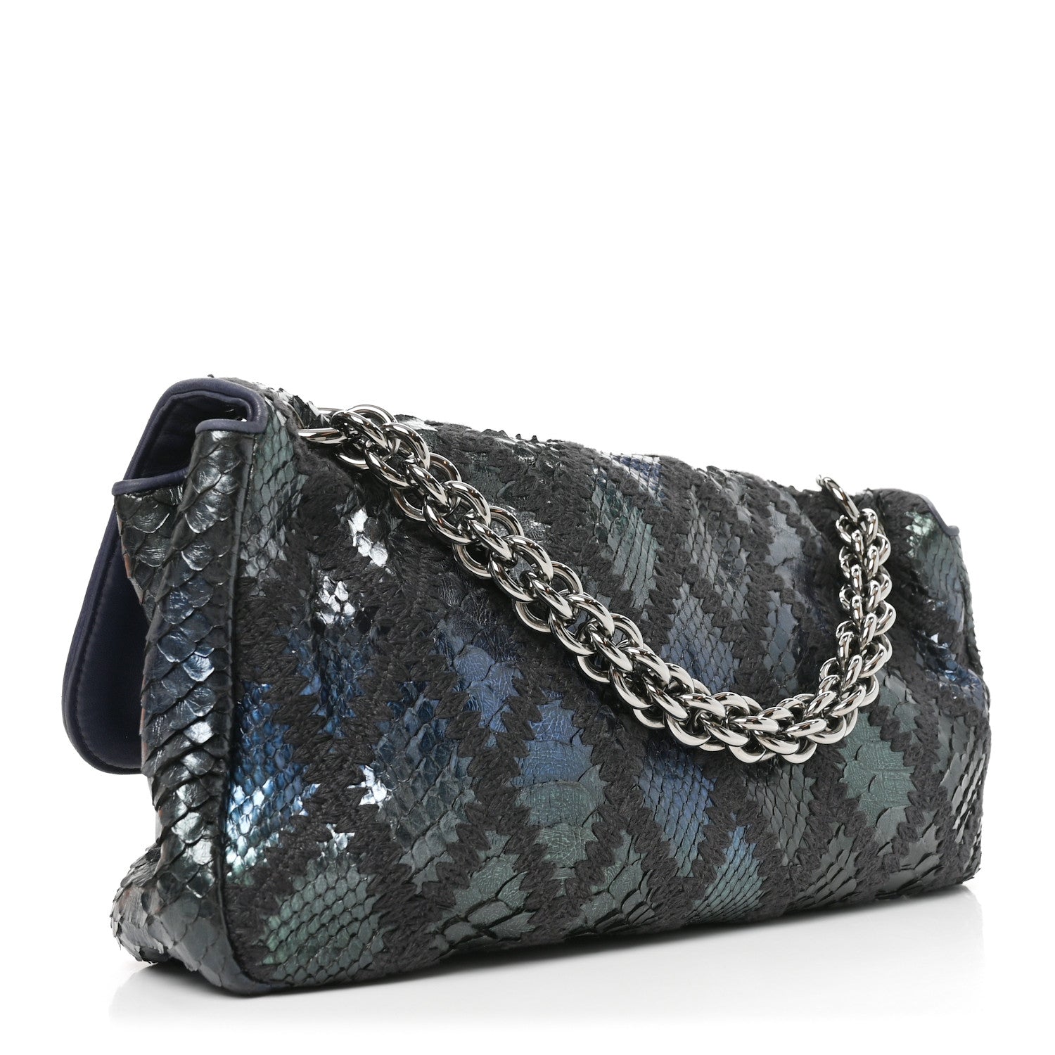 Chanel Metallic Snakeskin Crochet Soft and Chain Maxi Flap Blue Multicolor 3 of 11