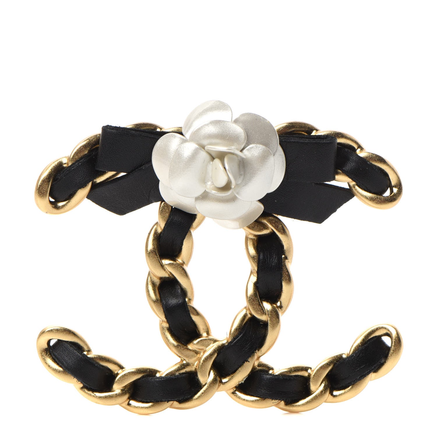 Chanel Metal Calfskin Chain 90's Camellia Brooch Black Gold 1 of 5