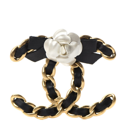 Chanel Metal Calfskin Chain 90's Camellia Brooch Black Gold 1 of 5