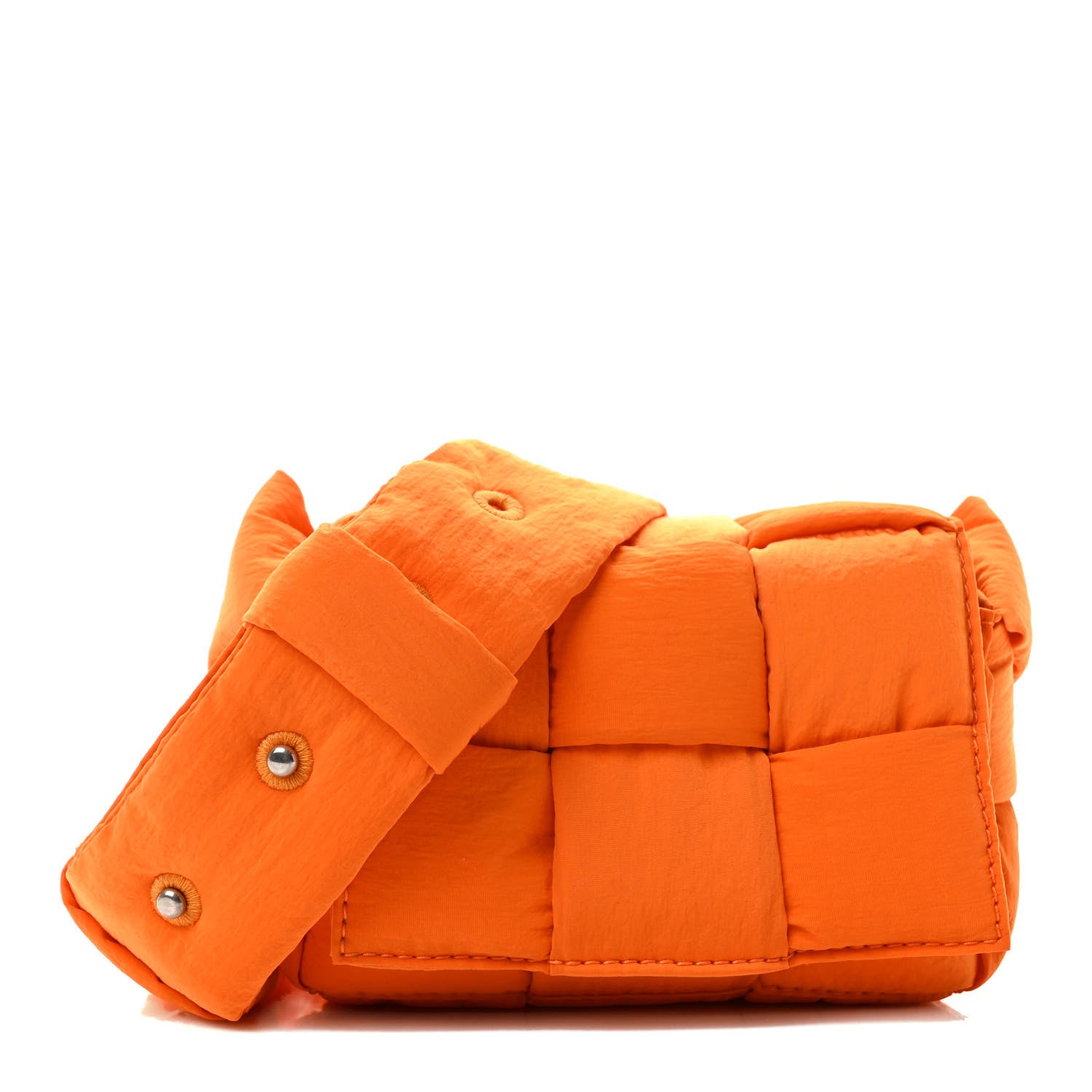 BOTTEGA VENETA Nylon Intrecciato Padded Tech Candy Cassette bag in the mini size in the color Orange by FASHIONPHILE