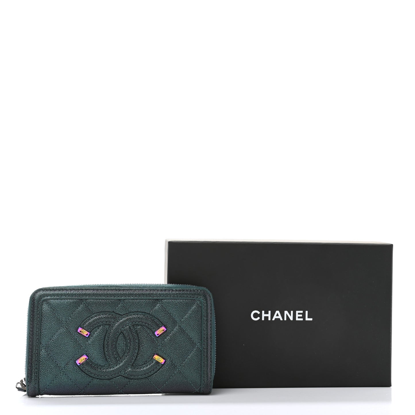 Iridescent Caviar Quilted Medium Filigree Zip Around Wallet Dark Turquoise