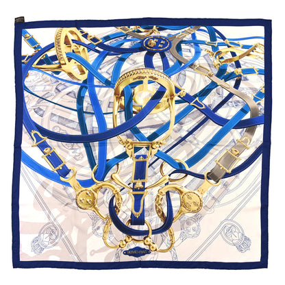 Hermes Silk Cavalcadour Voltigeur Scarf 90 Bleu Roy Creme Cobalt 1 of 3