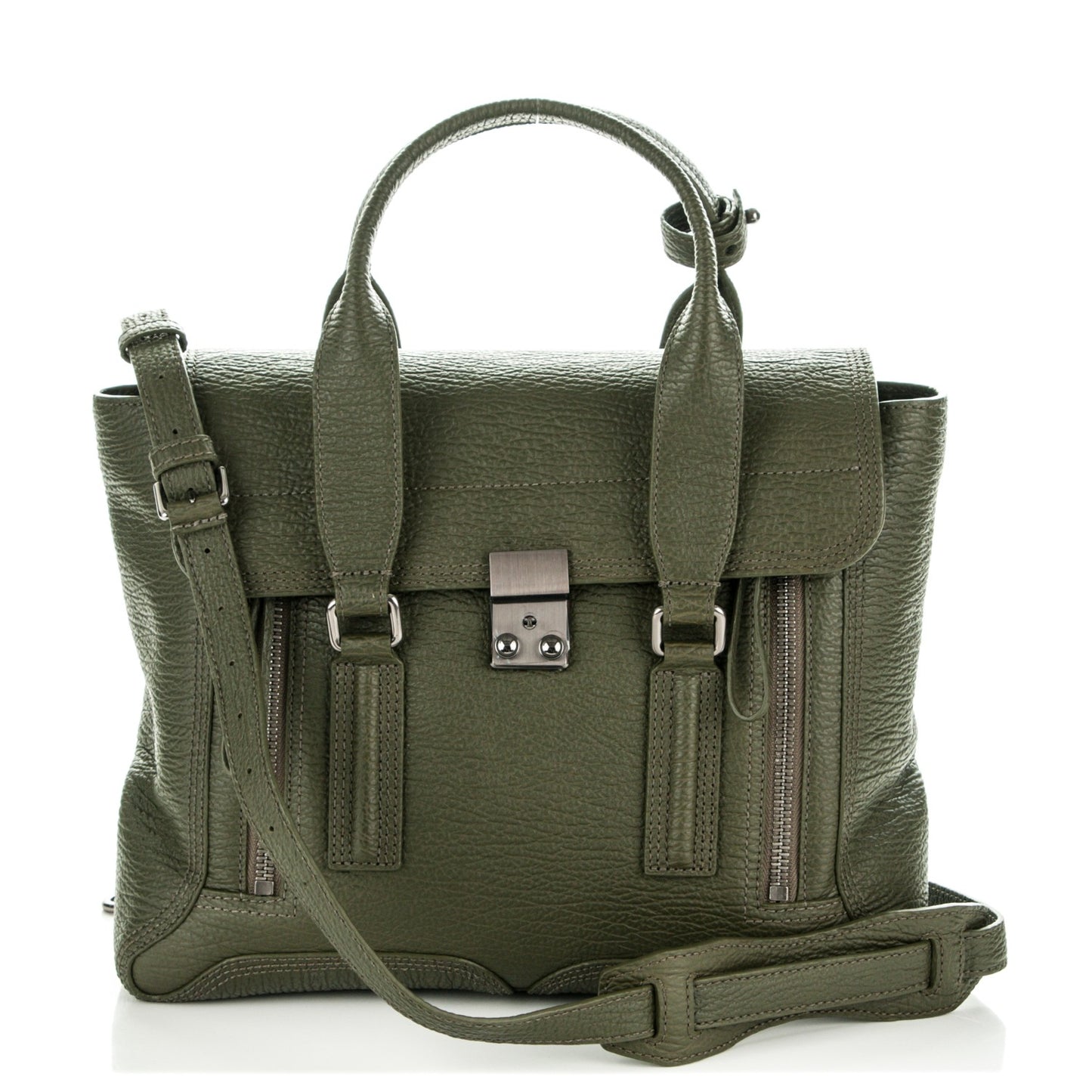 3.1 Textured Calfskin Medium Pashli Satchel Military Green