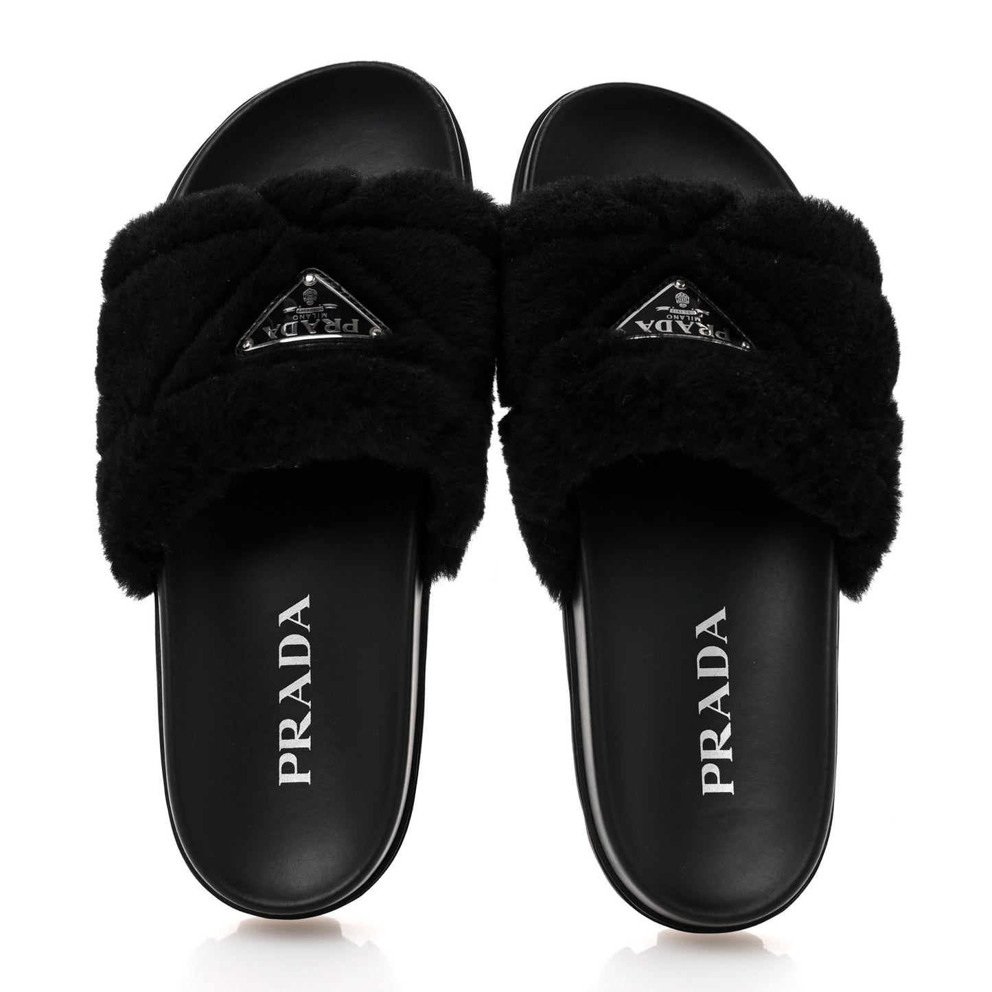 Shearling Metal Triangle Logo Lug Sole 20mm Slide Sandals 36.5 Black