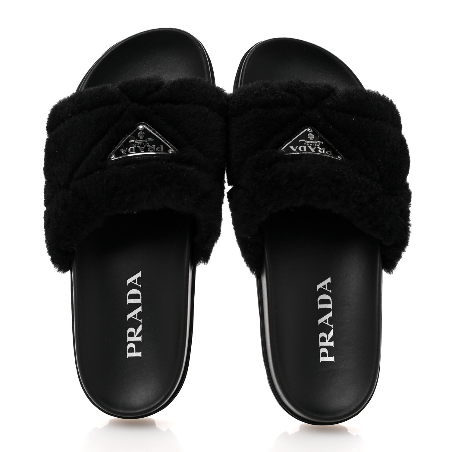 Prada Shearling Metal Triangle Logo Lug Sole 20mm Slide Sandals 36.5 Black 2 of 9