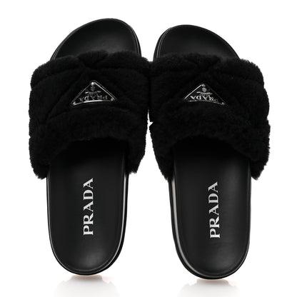 Prada Shearling Metal Triangle Logo Lug Sole 20mm Slide Sandals 36.5 Black 2 of 9