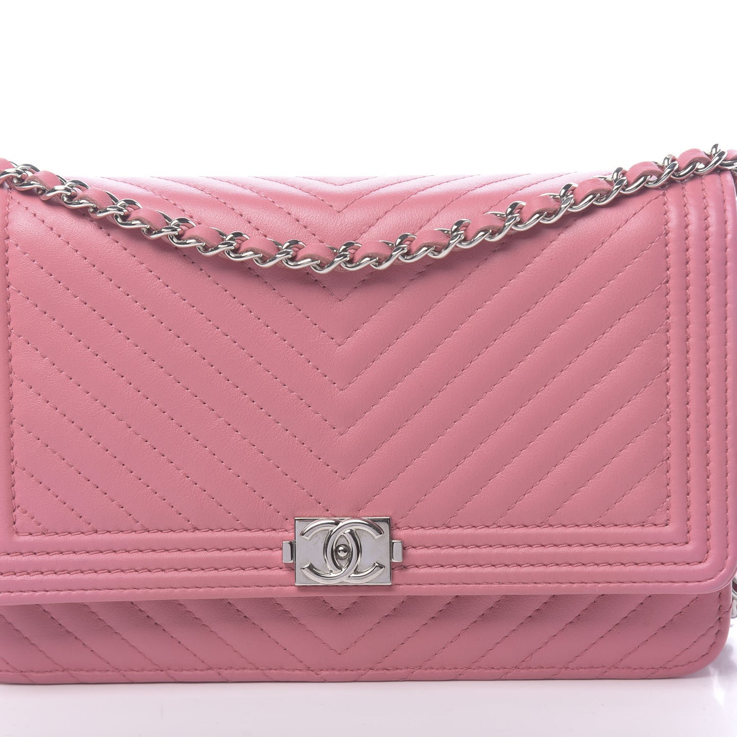 Calfskin Chevron Quilted Boy Wallet On Chain WOC Pink