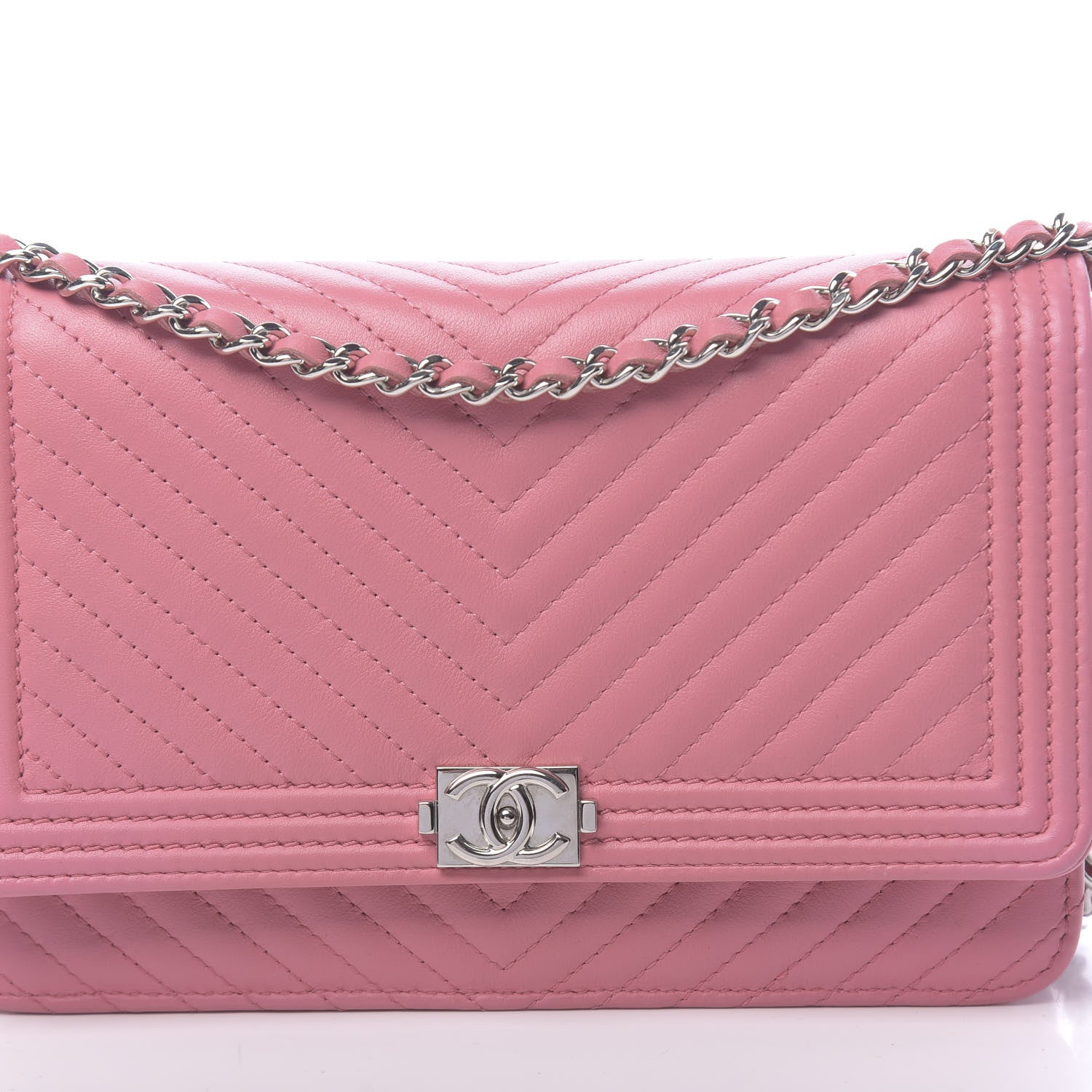 Chanel Calfskin Chevron Quilted Boy Wallet On Chain WOC Pink 11 of 11