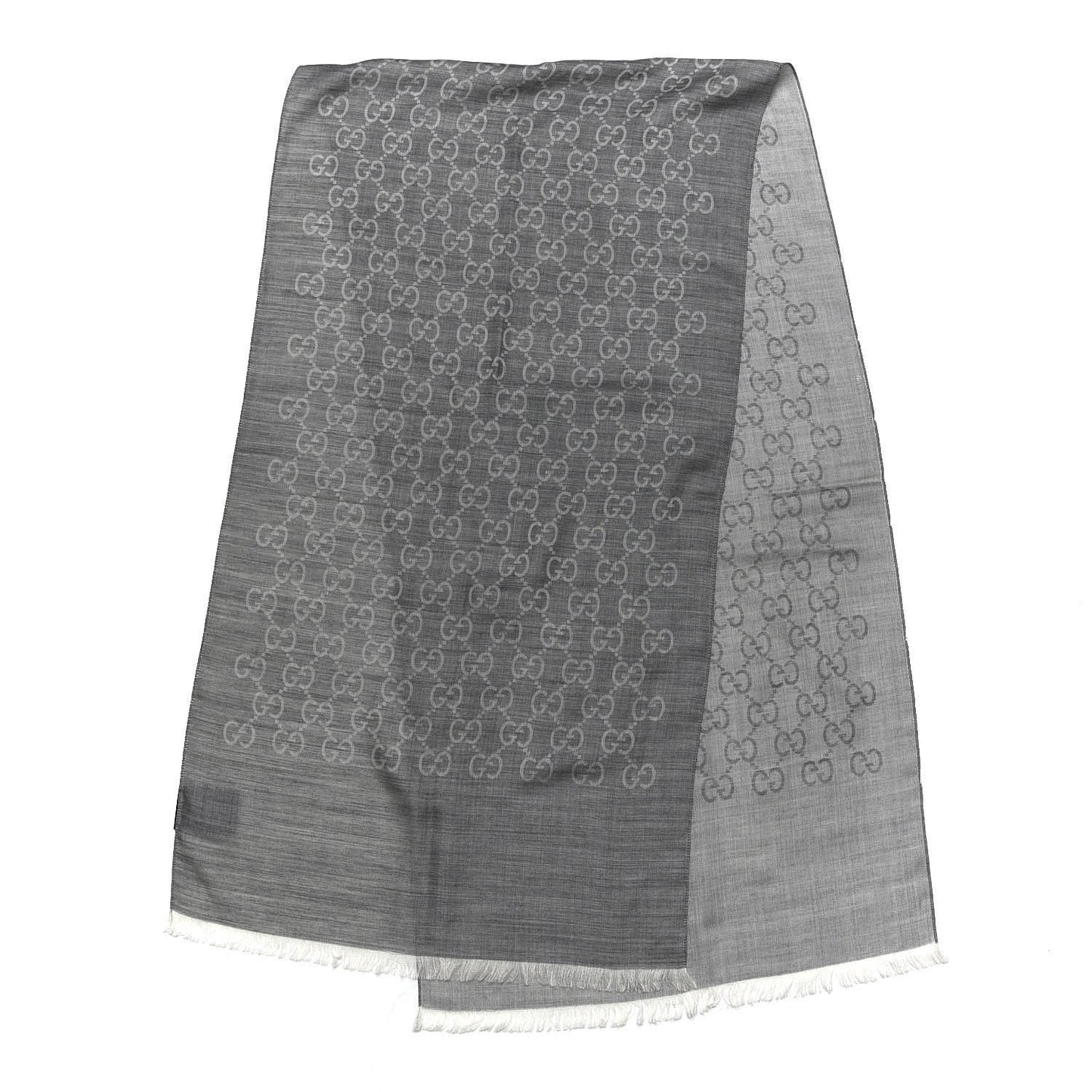 Wool Silk Monogram Fringe Scarf Grey