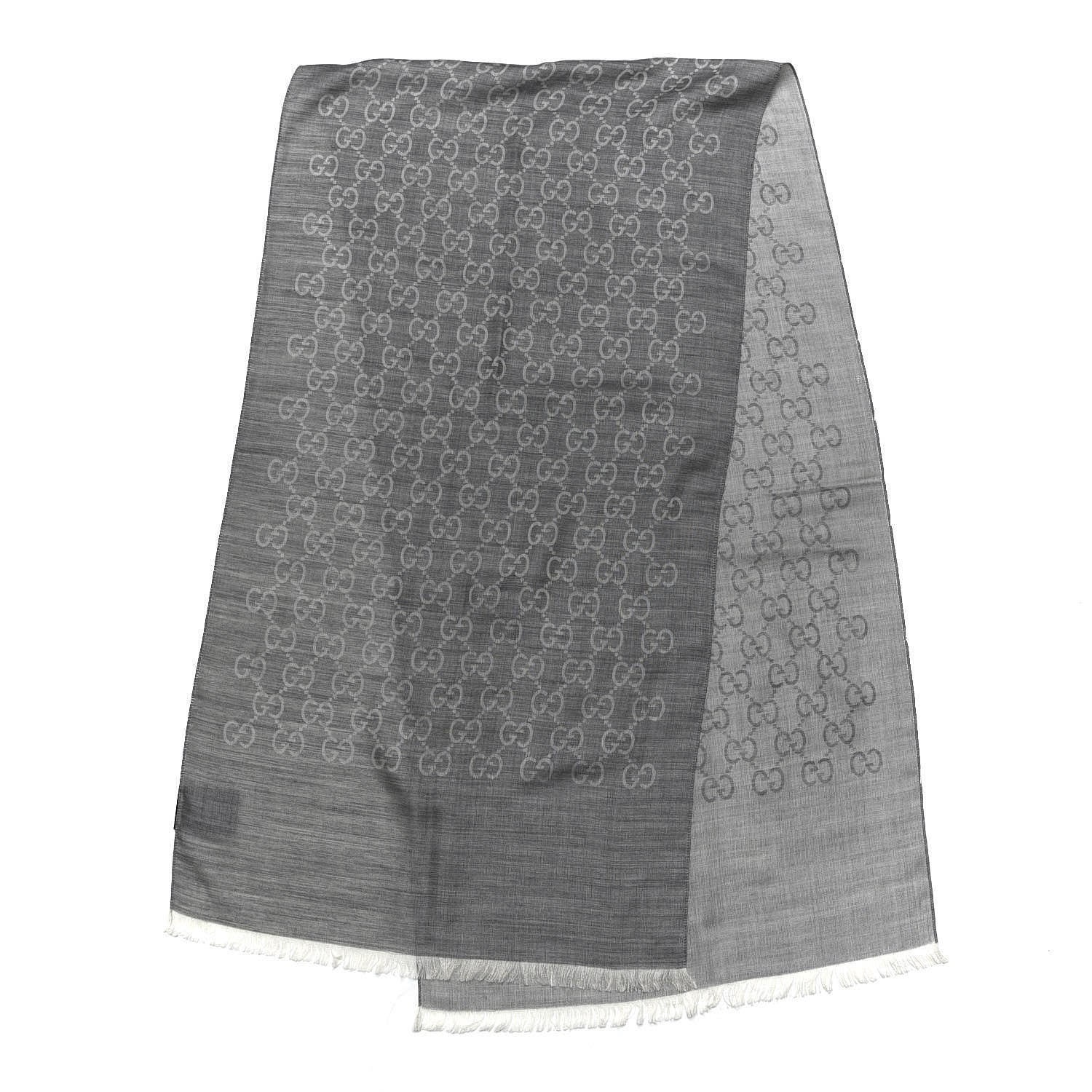 Gucci Wool Silk Monogram Fringe Scarf Grey 3 of 5