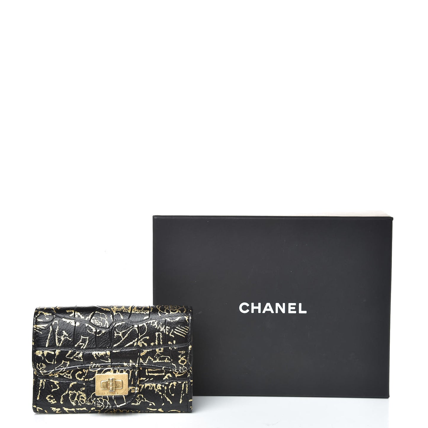 Calfskin Crocodile Embossed Graffiti Reissue Card Holder Wallet Black Gold