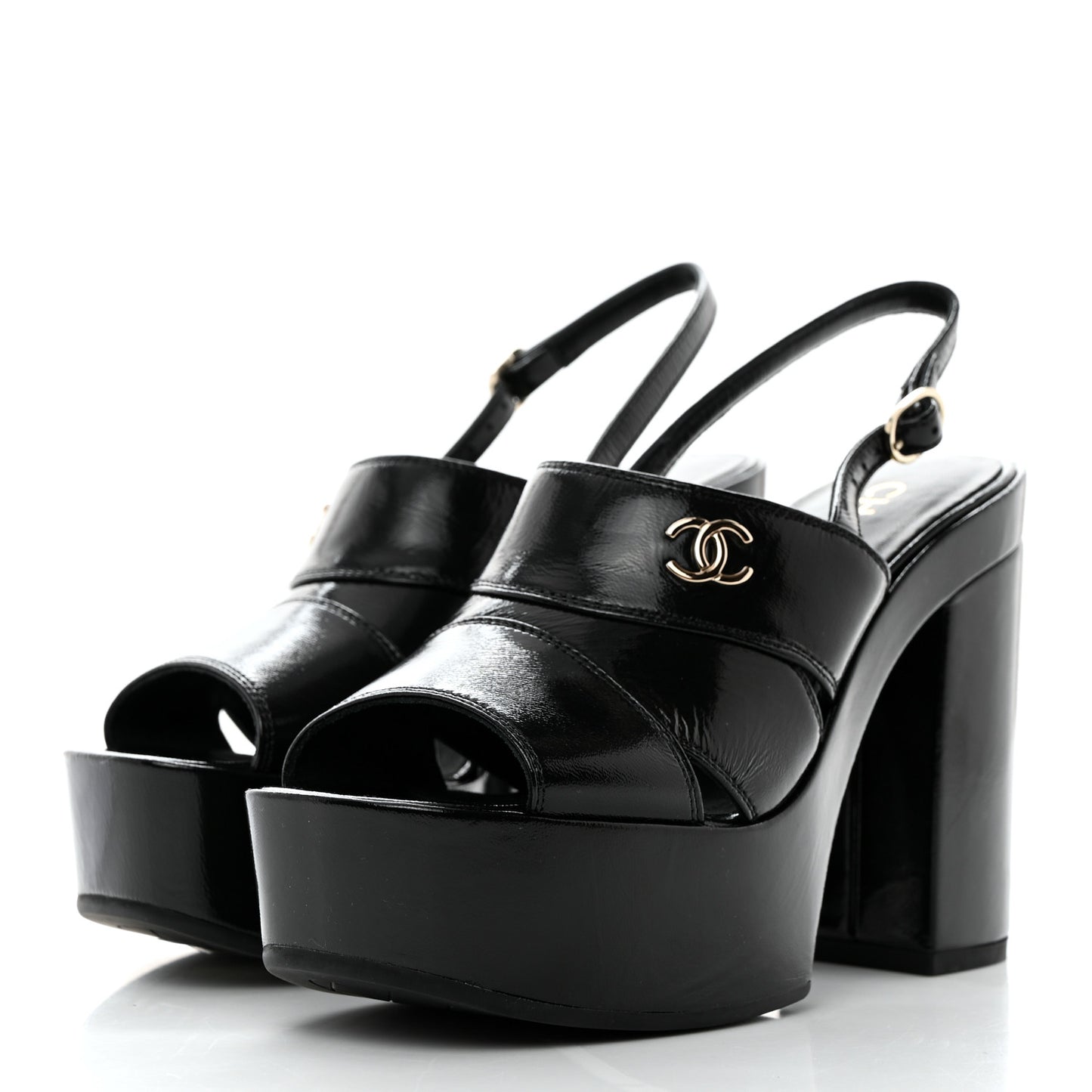 Crumpled Patent Lambskin Platform Sandals 37 Black