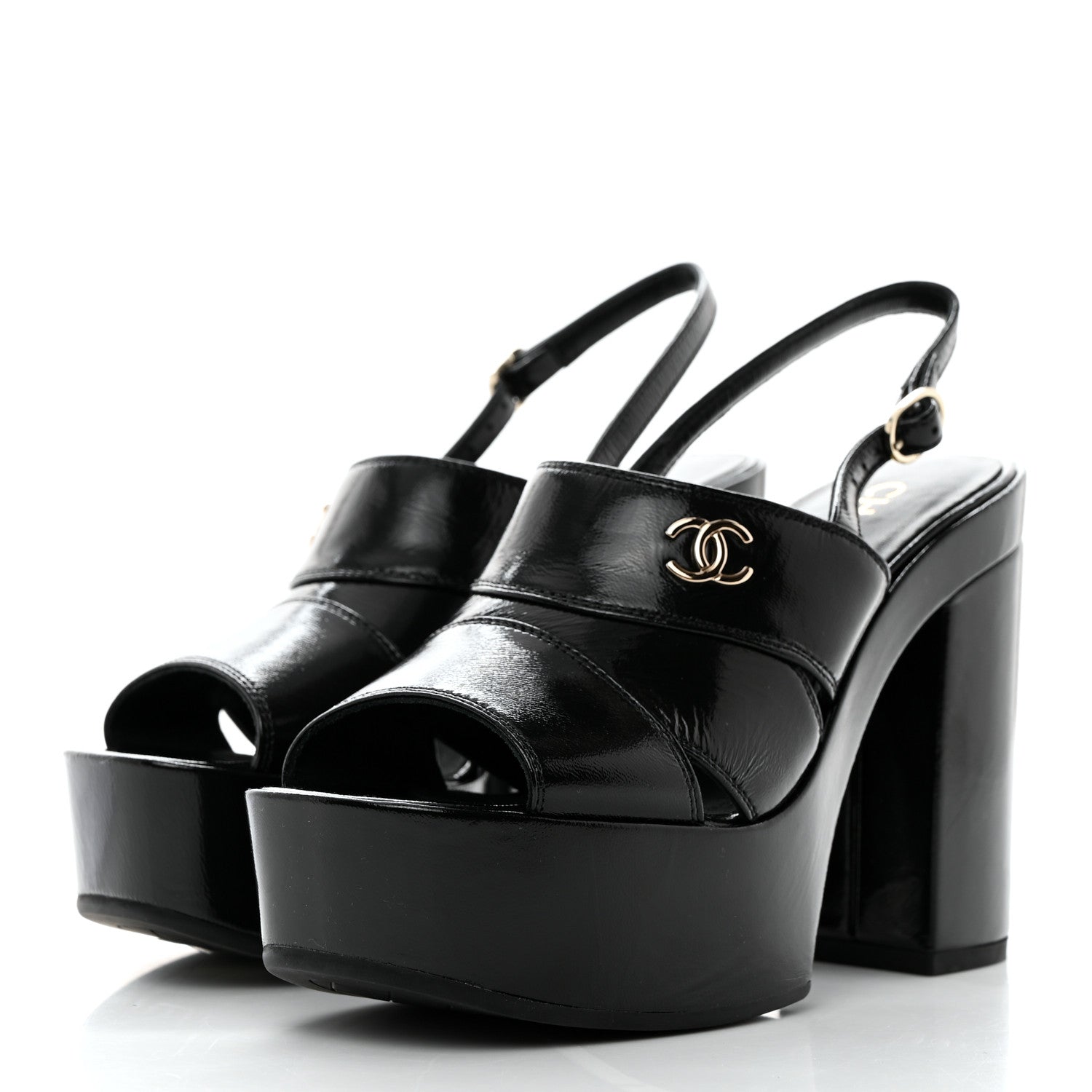 Chanel Crumpled Patent Lambskin Platform Sandals 37 Black 3 of 9