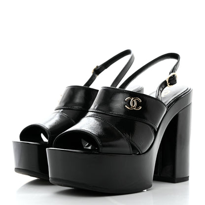 Chanel Crumpled Patent Lambskin Platform Sandals 37 Black 3 of 9