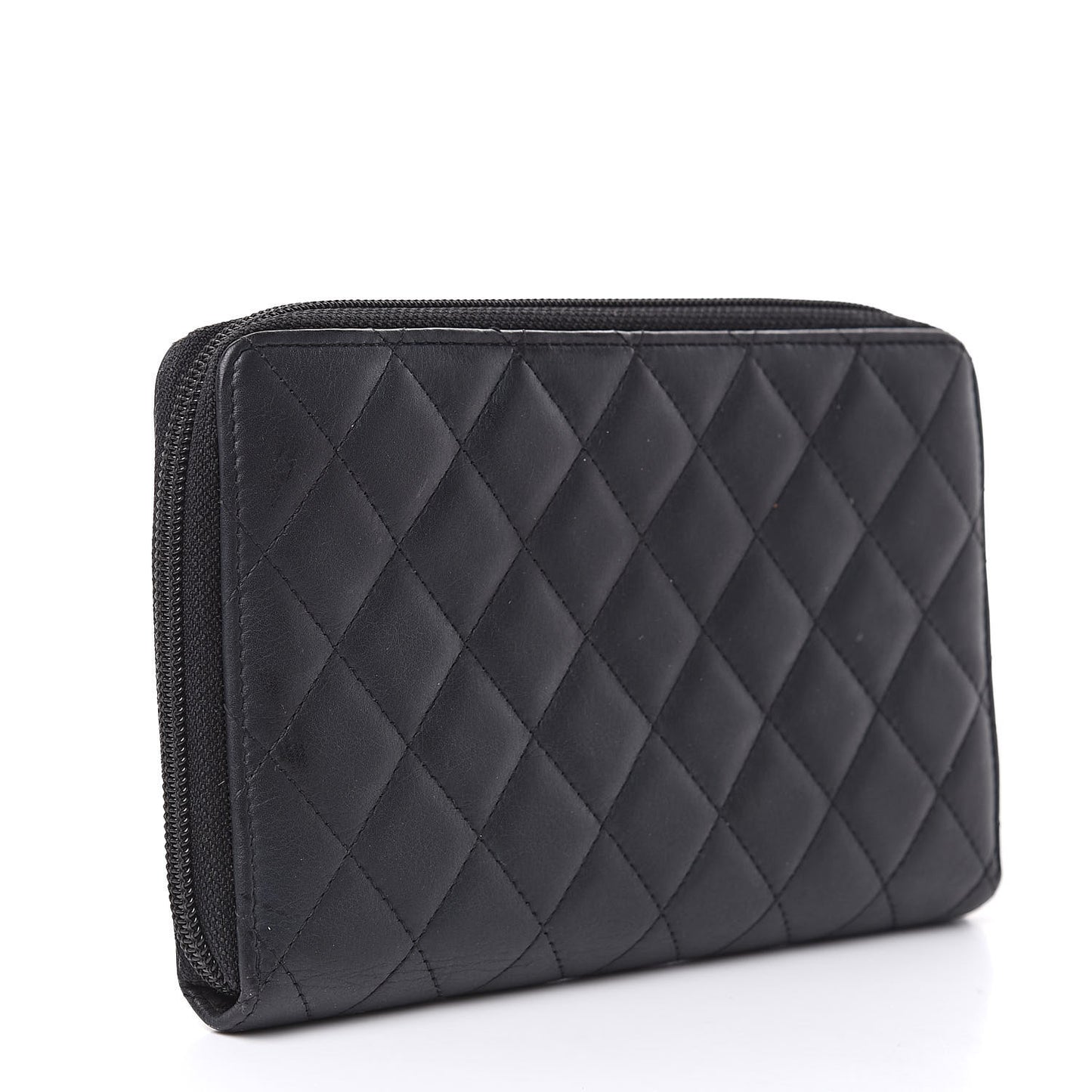 Calfskin Quilted Large Zip Around Organizer Wallet Black